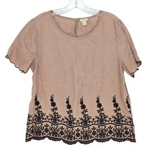 J.Crew Women 10 Embroidered 100% Linen Blouse Top Scalloped Hem Short Sleeve Tan